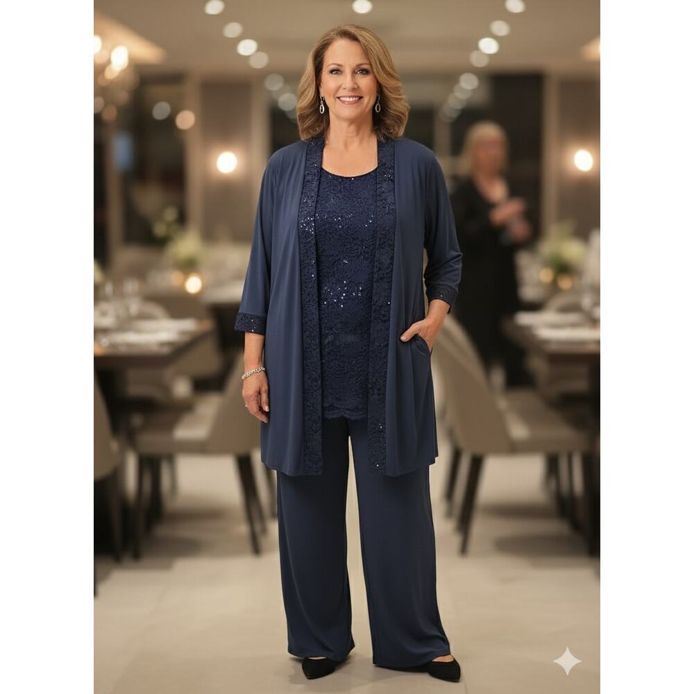 NWT Catherines‎ Navy Blue Sequin 3-Piece Jacket Tank Pants Set Womans Size 30W
